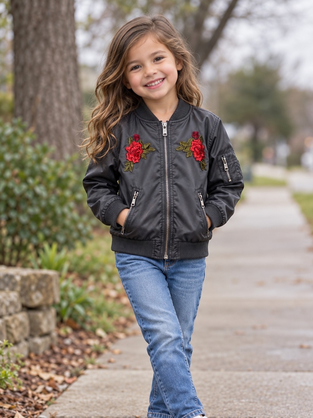 Urban Republic Girls 5/6 Rose Embroidered Satin Bomber Jacket